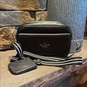 Kate Spade Black Crossbody Bag with Striped Strap